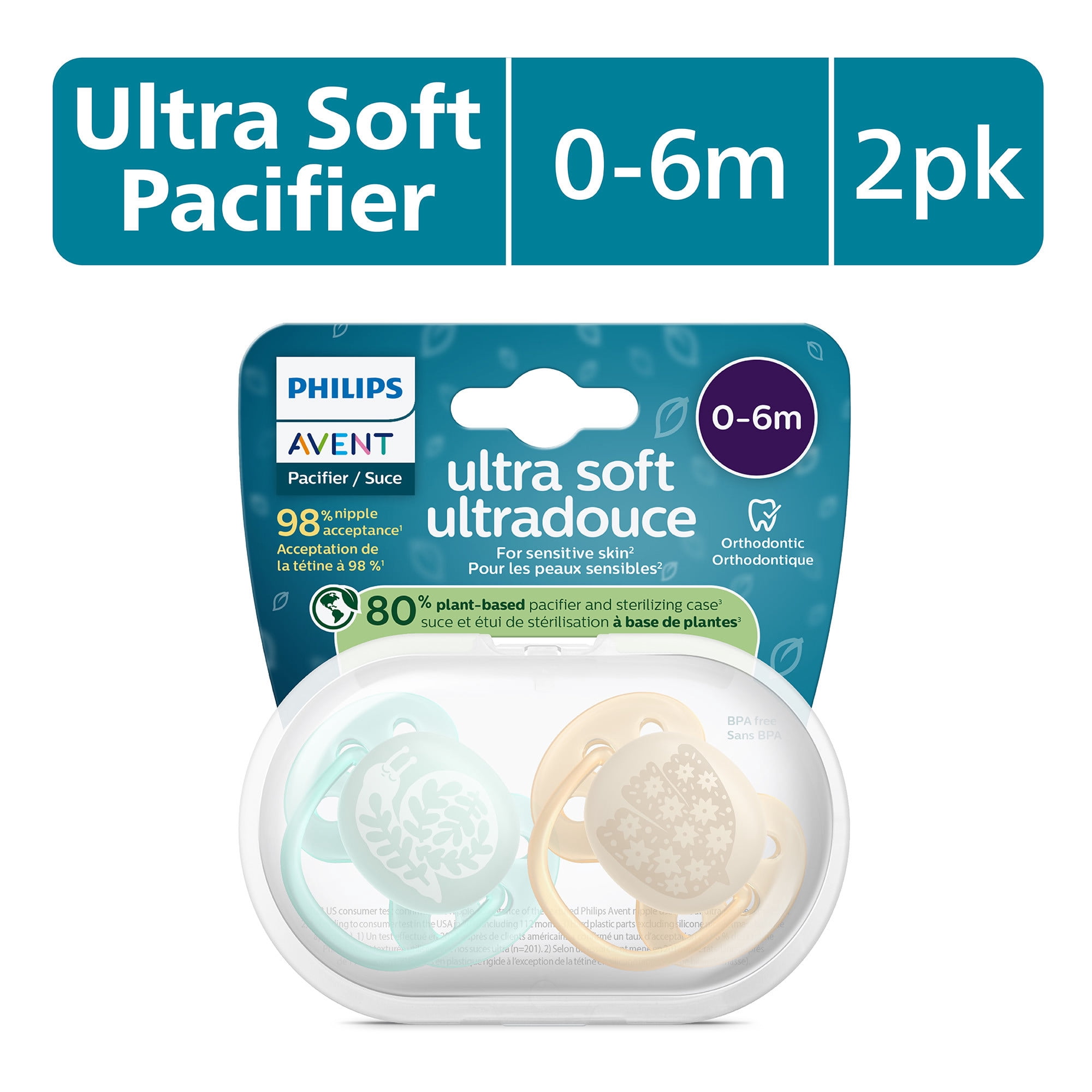(4 pack) Philips Avent Ultra Soft Pacifier 0-6M, Bird / Snail, 2 Pack, SCF091/41