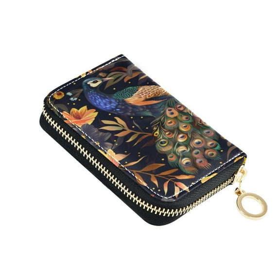 Leather Zipper Card Bag 4.7x3.1x0.8Inch Women's Card Bag Coin Purse Credit Card Bag Bank Card Bag Business Card Bag Coin Bag Colorful Peacock
