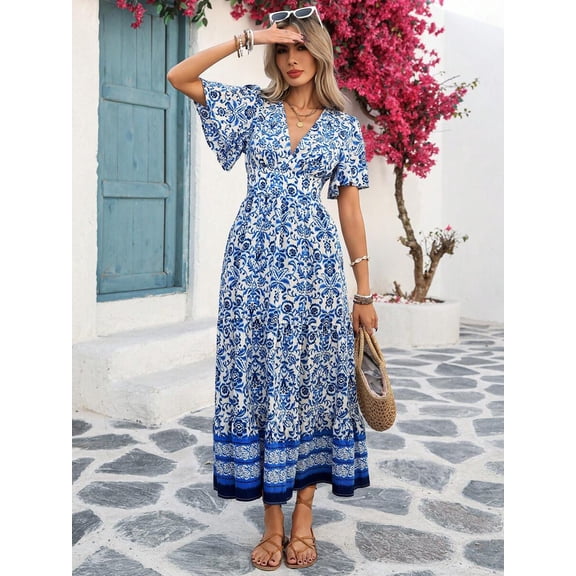 Womens Blue & White Floral V-Neck Waist-Gathered A-Line Flare Sleeve Maxi Dress, Spring Summer Casual Vacation