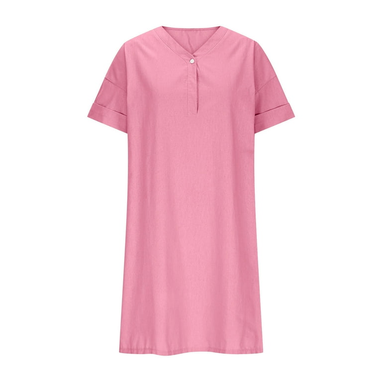 Prvdebri Linen V-Neck Dress - Casual Shift Dress with Hidden Pockets, Women's, Size: XL, Pink