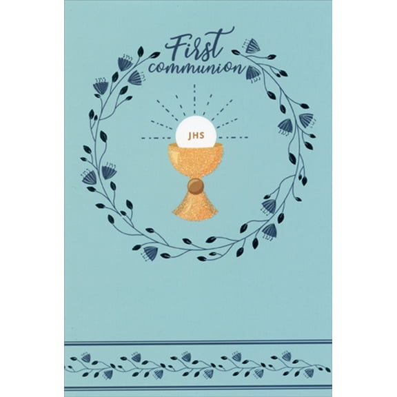 Pictura Gold Chalice and Host Inside Blue Floral Ring First / 1st Communion Congratulations Card