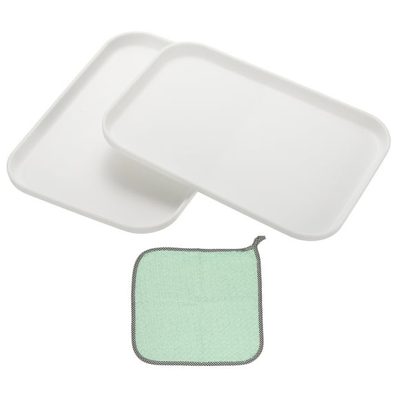 9.5x6.9" Rectangular Plates, 2 Pack Wheat Plastic Dinner Plates Dishes Reusable Unbreakable Dessert Plate Trays with Cloth for Cake Fruits Salad Cupcake Steak Serving White