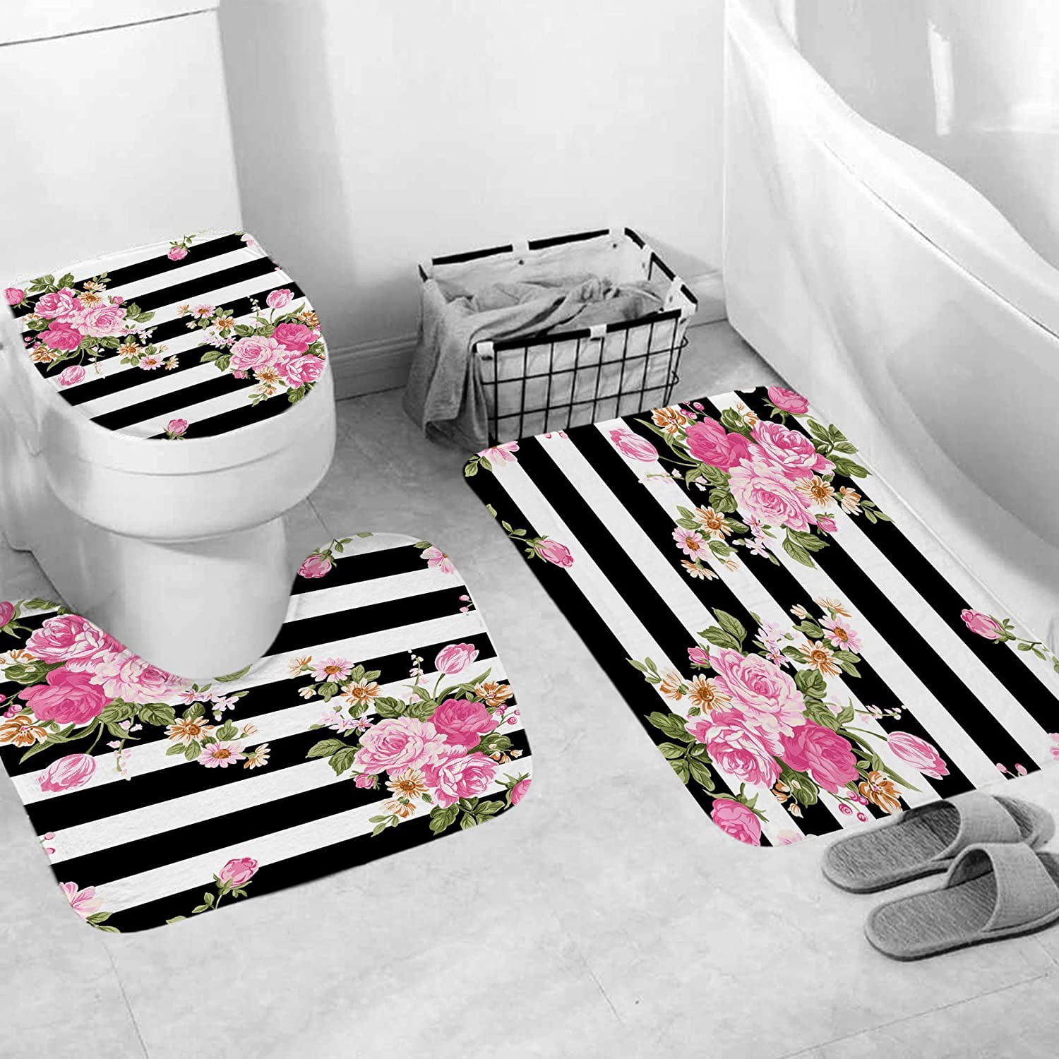 4 Pcs Pink Flower on Black Striped Shower Curtain Set Grey and White Bathroom Sets with Shower Curtain and Rugs Modern Home Bathroom Decor Shower Curtains with Rugs and Toilet Lid Cover