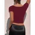 thumbnail image 2 of Women'S Lace Trim Fitted T Shirt Cap Sleeve Tie Front Y2k Party Textured Tops Wine Red S, 2 of 6