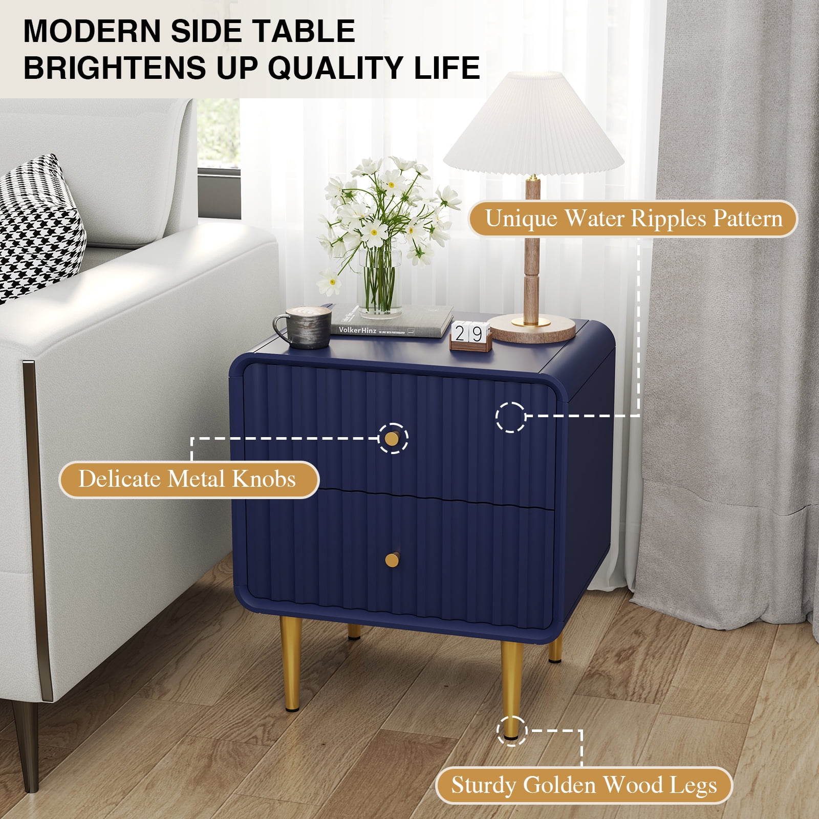 CBJCBJ 20" Modern Fluted Nightstand Set of 1, White Wood Bedside Table with 2 Drawers & Gold Metal Handles（BLUE)