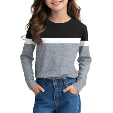 BRGZLK Tween Girls Fall Tops Trendy Striped Color-Blocked Long Sleeved Blouse Soft Comfortable Round Neck Pullover Base T-Shirt Black 9-10 Years