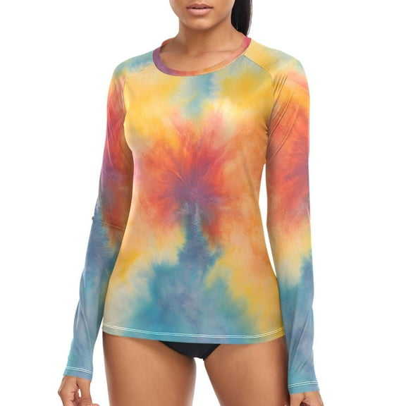 joogoo Womens UPF 50 Sun Shirts Yellow Tie Dye Long Sleeve UV Protection Rash Guard Tops S