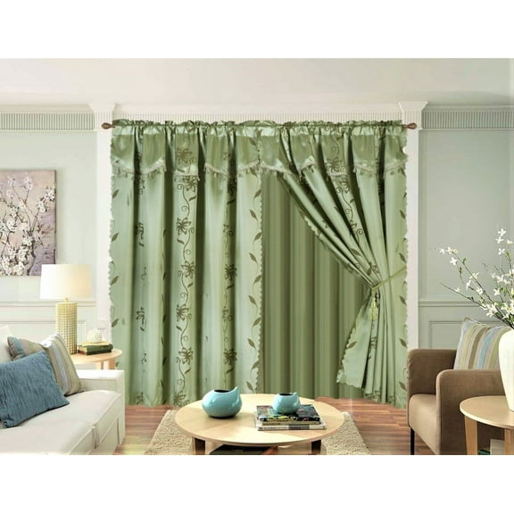 Nada Purple Complete Set Window Curtain Floral Faux Silk Panels Attached Valance and Backing Sheer Rod Pocket 120" W X 84" L