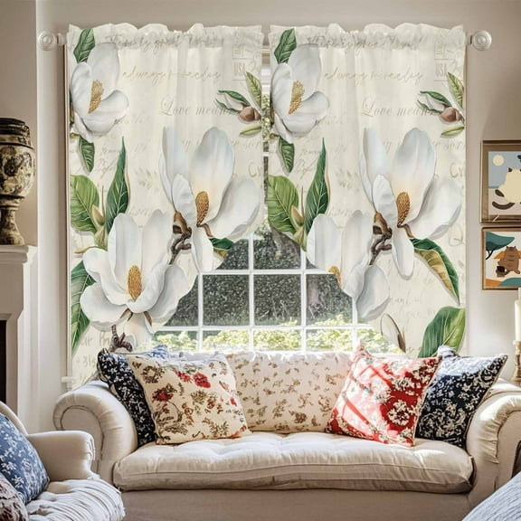 Magnolia Flower Swag Curtain Valance for Windows, Green Leaf Window Treatments Short Swag Topper for Kitchen Windows Bathroom Bedroom, 36"x36"