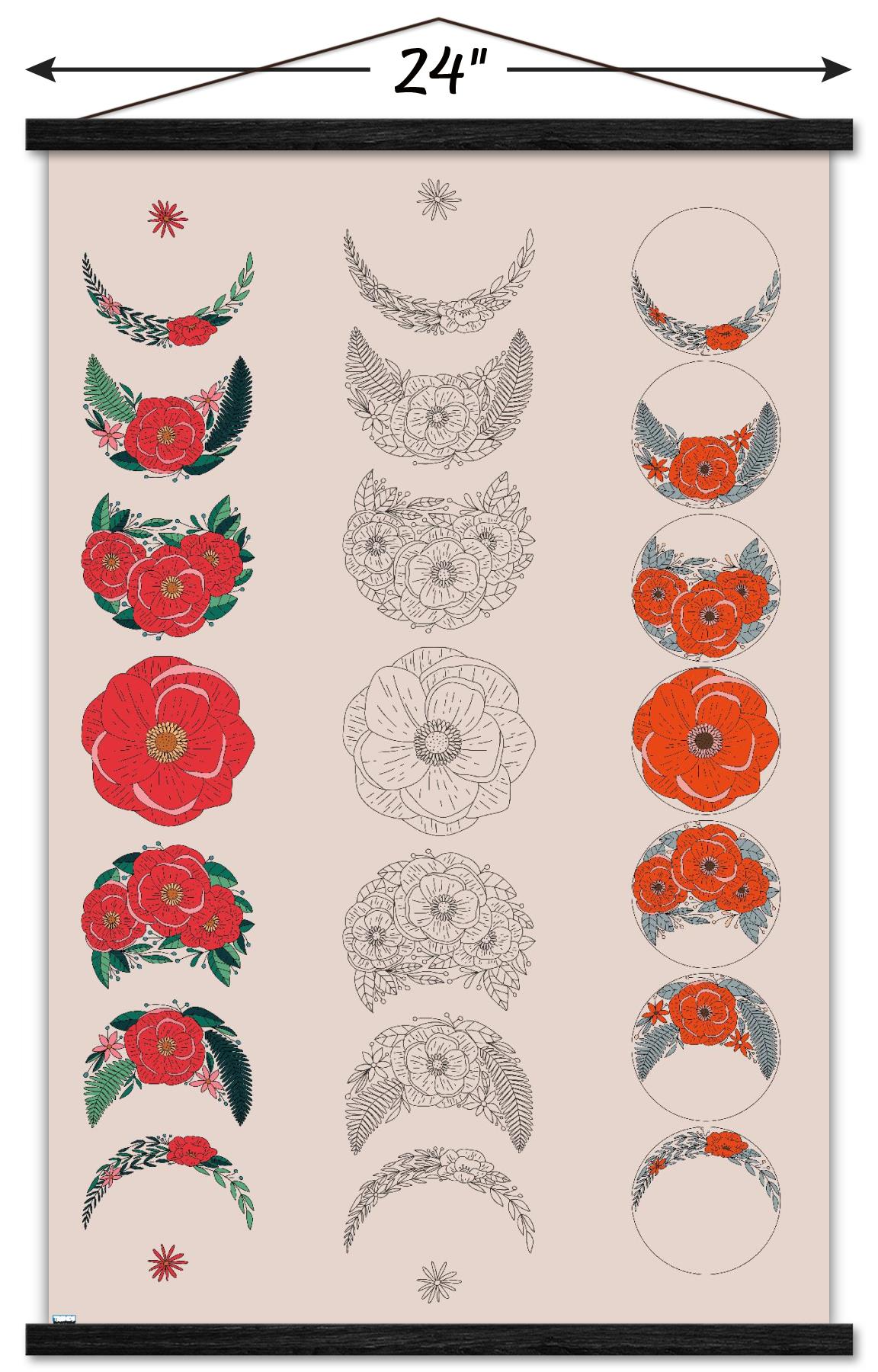 Floral Phases of the Moon Wall Poster with Magnetic Frame, 22.375" x 34"