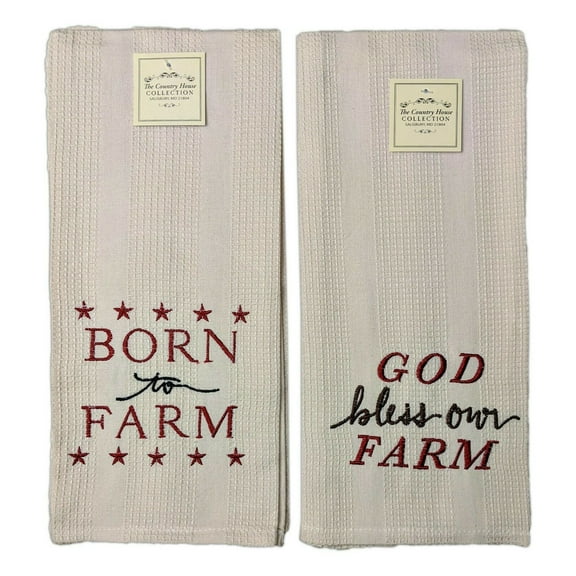 Set of 2 GOD BLESS OUR FARM & BORN TO FARM Embroidered Waffle Weave Towels
