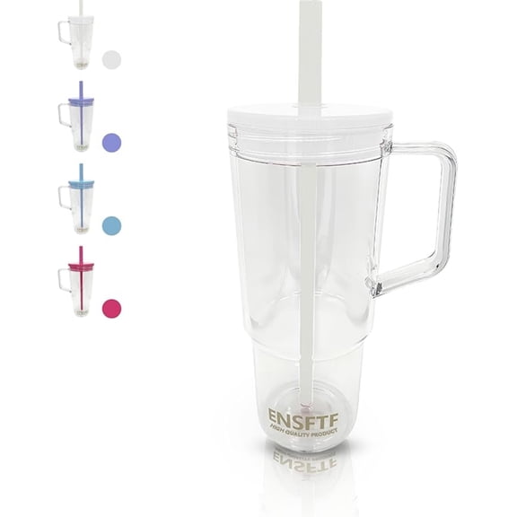 40 oz Insulated Clear Tumbler with Handle, Lid, and Straw | Reusable | Suitable for Hot & Cold Drinks | Double-Walled Plastic Water Bottle | Leak-Proof | BPA-Free | White