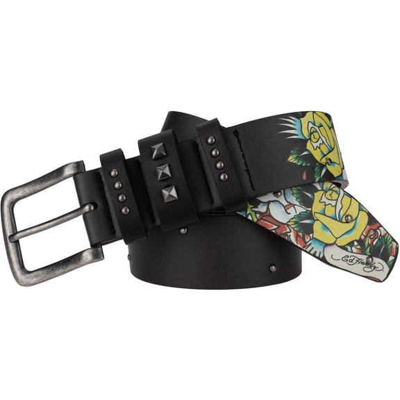 Ed Hardy Men's Skull Rose Print Black Belt With Rivet Studs (32, Black)