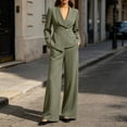 thumbnail image 2 of TEAJOPSUU Women's 2 Piece Business Outfits Long Sleeve V Neck One Breasted Blazer Dressy Wide Leg Pants Solid Work Suits Sets Olive Green, 2 of 8