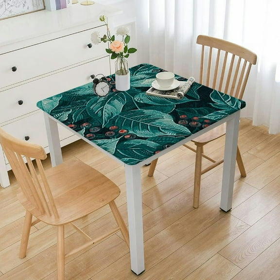 BANET Hunter Green Vinyl Christmas Tablecloth with Flannel Backing, and Holly Damask Look Vinyl Flannel Back Tablecloth 36*36
