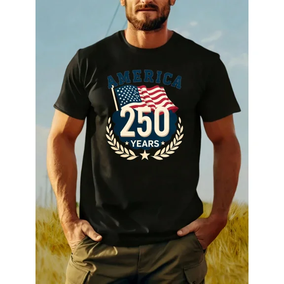 Retro America 250 Years Patriotic Men's T-Shirt - Vintage USA Flag 250th Anniversary Graphic Tee - Classic Fourth of July Independence Day Apparel - Comfortable Black Cotton Blend Top