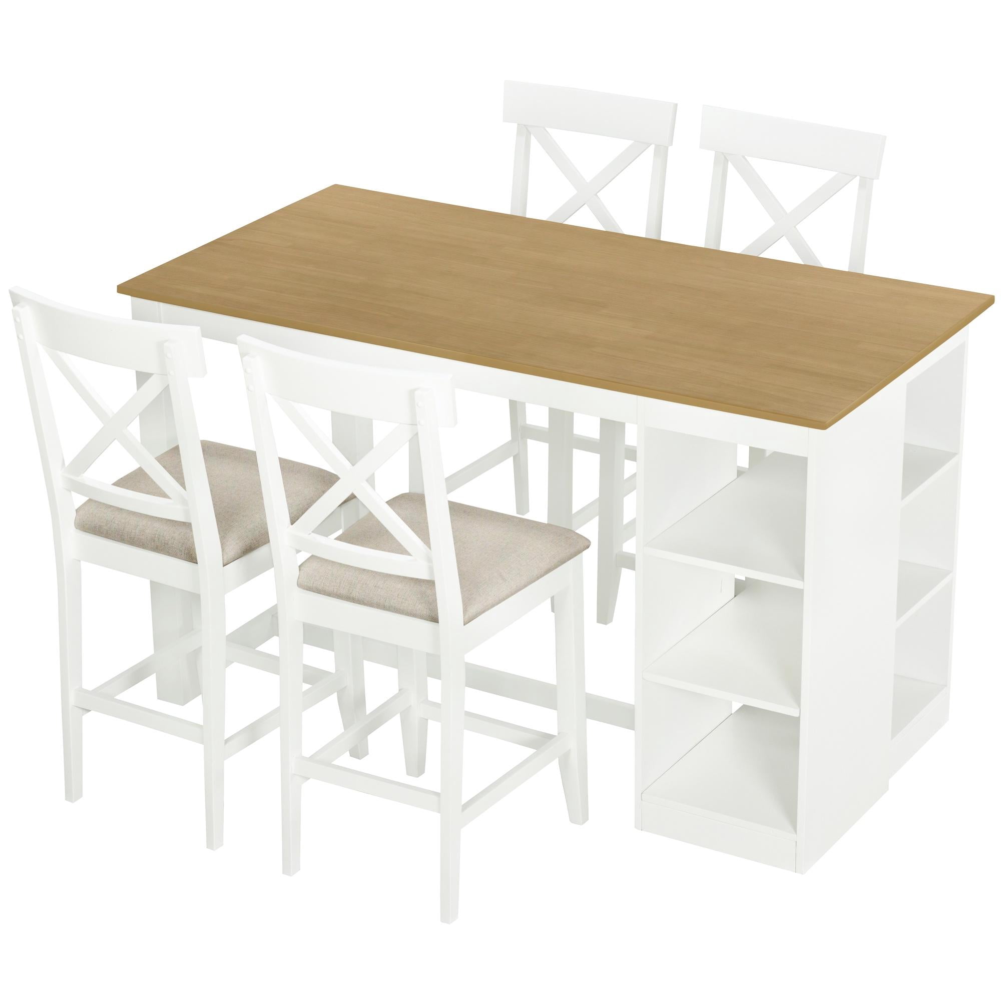 PORKISS 5 Piece Dining Table Set, Solid Wood Dining Table with 3-tier Storage Shelves, 4 Upholstered Chairs for Dining Room Kitchen Apartment, White
