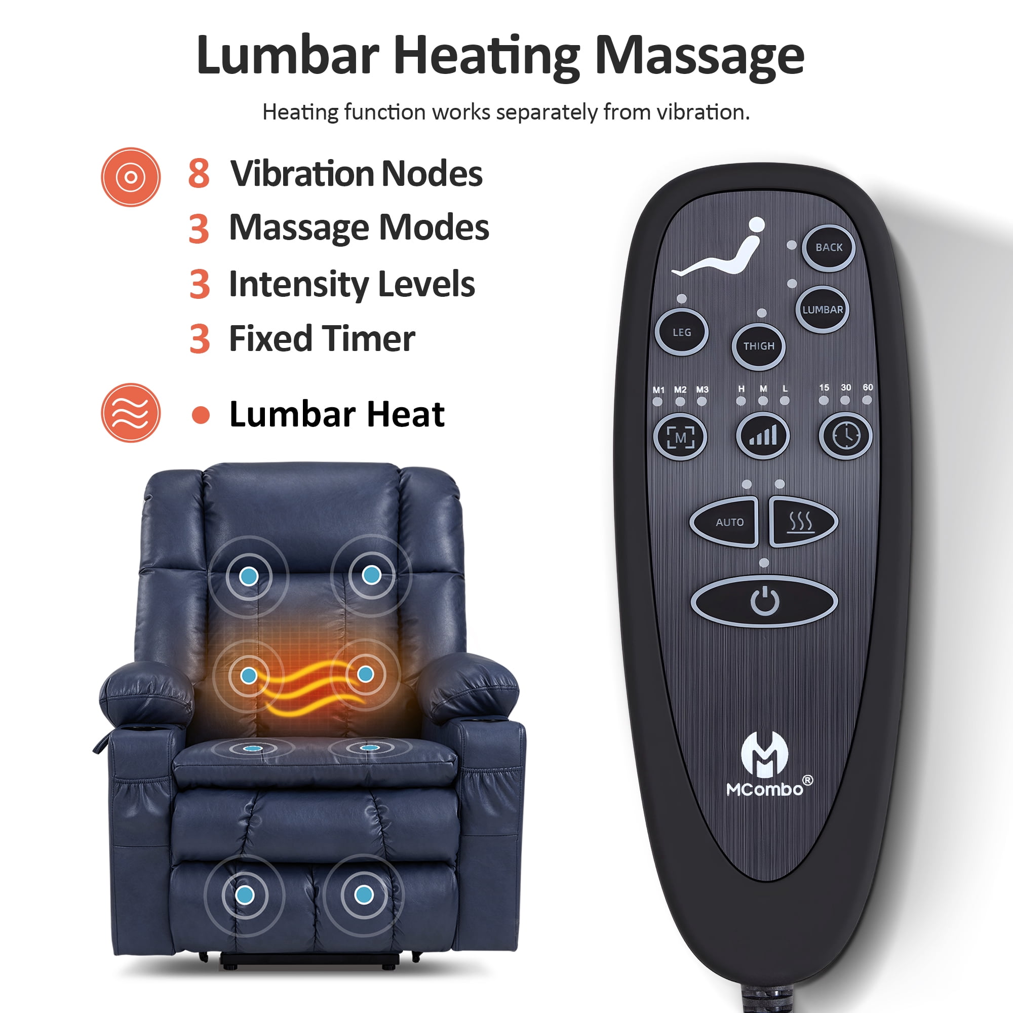 MCombo Dual Motor Power Lift Chair for Elderly, Sleep Lift Recliner, Faux Leather, Blue