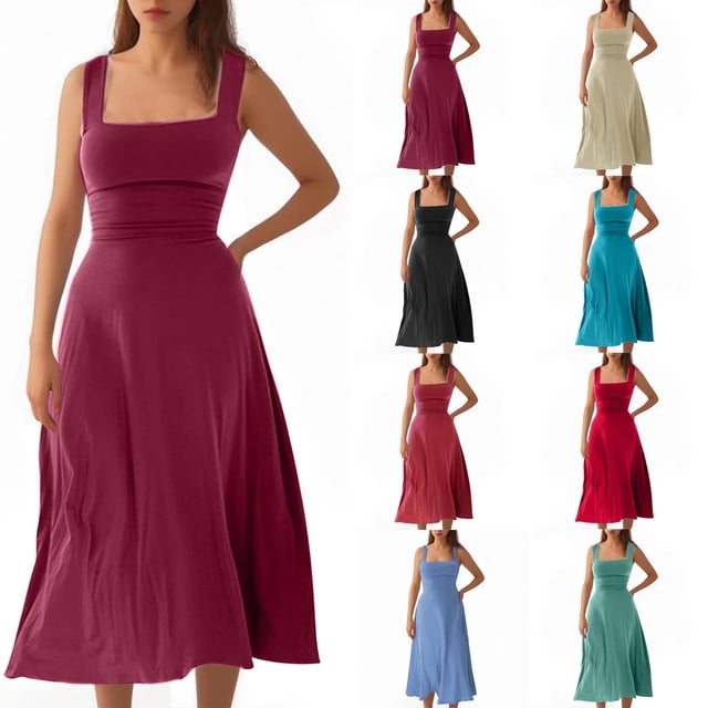 Sentmoon Robe Modeste Confortable Sans Manches à Encolure Carrée Robe de Cocktail pour Femmes 2026 Été Coupe Ajustée Robes avec Manches Accessoires de Plage Incontournables pour Se Détendre et Se Relaxer m