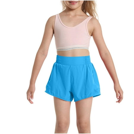 Maqroz Girls Athletic Running Shorts Quick Dry Gym Bottoms High Waist Activewear with Liner Sky Blue 10 Years
