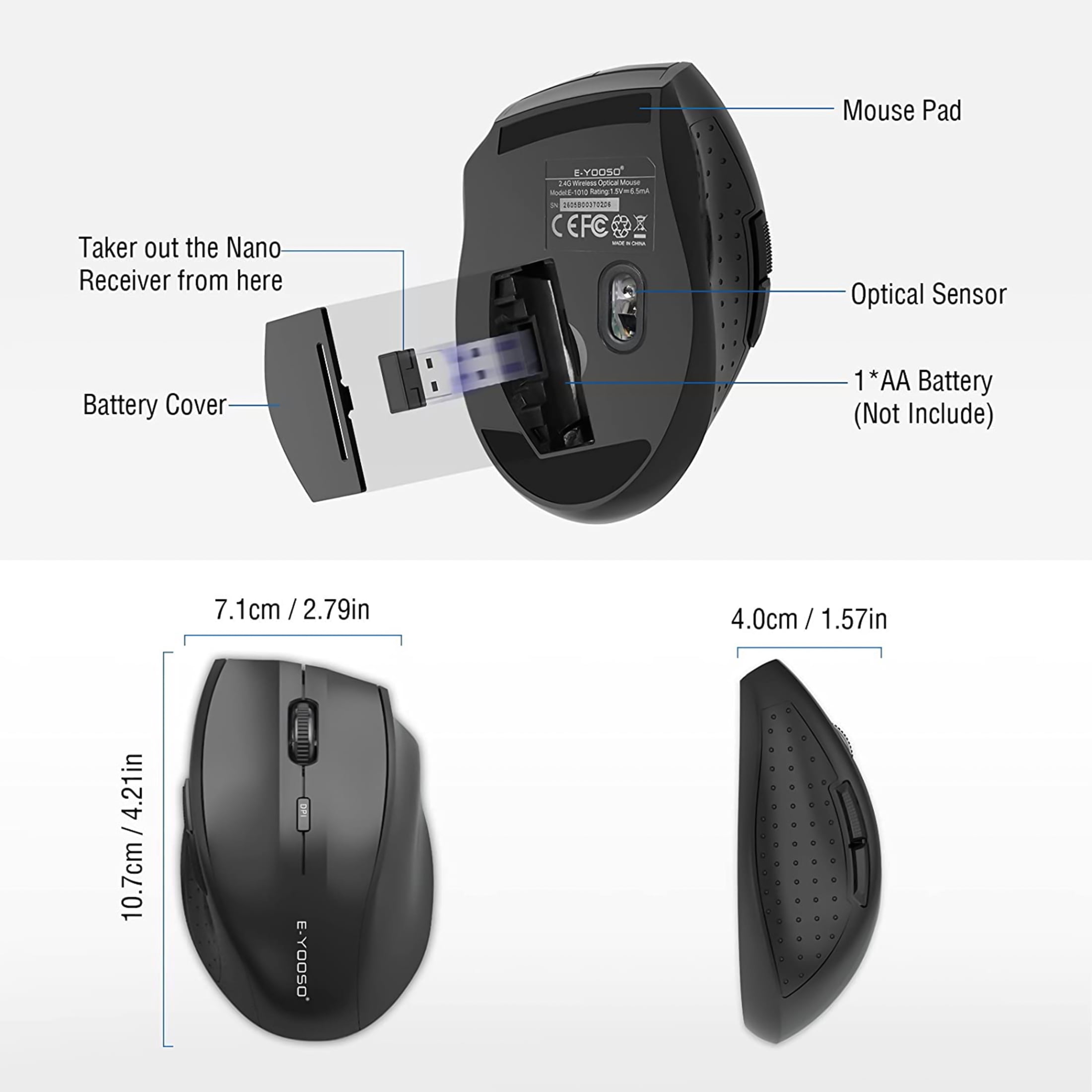 E-YOOSO Wireless Mouse, Computer Mouse 18 Months Battery Life Cordless Mouse, 5-Level 2400 DPI, 6 Button Ergo Wireless Mice, 2.4G Portable USB Wireless Mouse for Laptop, Mac, Chromebook, PC(Black)