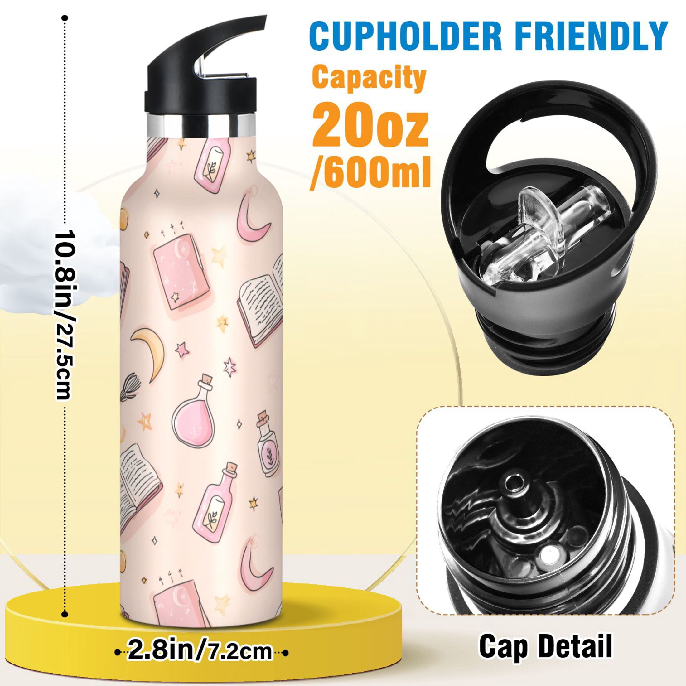 Kids Insulated Stainless Steel Sports Water Bottle 600ml (20oz) Pastel Pink Witchy Items