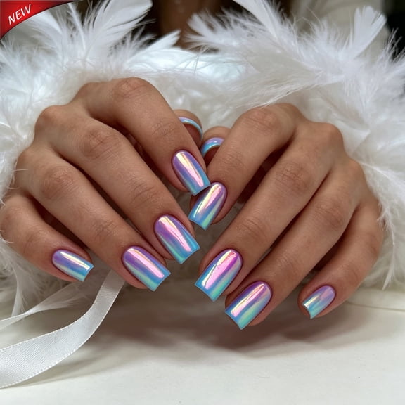 Medium Square Press On Nails for Women, Iridescent Blue Aurora Chrome Glue On Fake Nails, Full Cover Acrylic False Nail Tips, Mirror Holographic Stick On Manicure, Reusable Artificial Nail Kit, 24Pcs