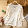 thumbnail image 2 of Women's Cotton Linen Tops Short Sleeve Embroidery Button down Shirts Loose Fit Blouses Lightweight Clothes (M, Beige 4), 2 of 5