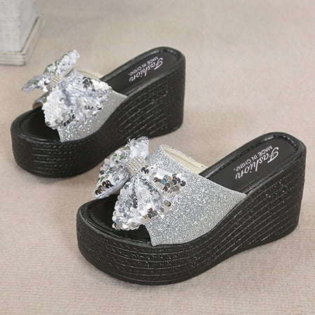 

YOTAMI Womens Sandals Sandals Women Casual Peep Toe High Chunky Wedge Heels Shoes Sequin Bow Slippers Silver