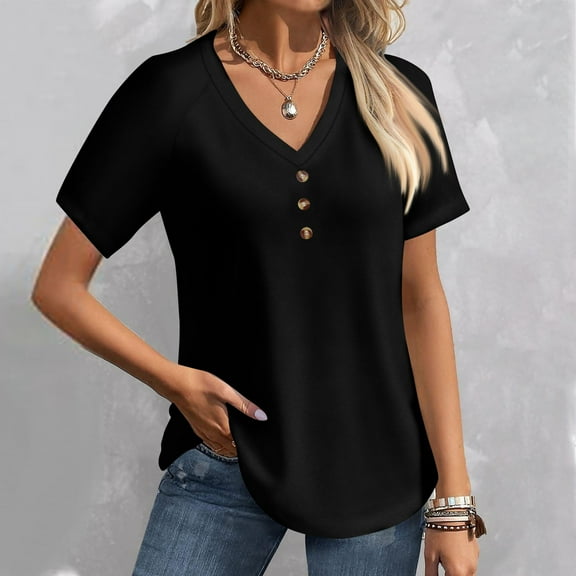 Tshirt Women Women's Fashionable Casual Short Sleeved Solid Color Button Up V-neck Top