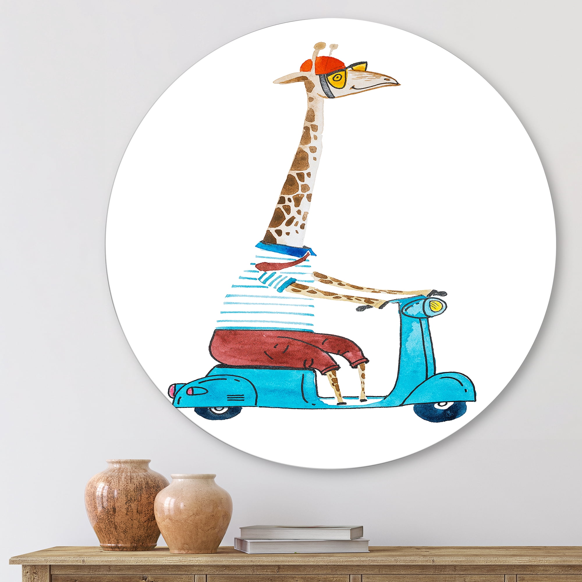 Designart 'Giraffe Dressed Up Wearing Helmet & Riding Blue Scooter' Children's Art Circle Metal Wall Art 23x23 - Disc of 23