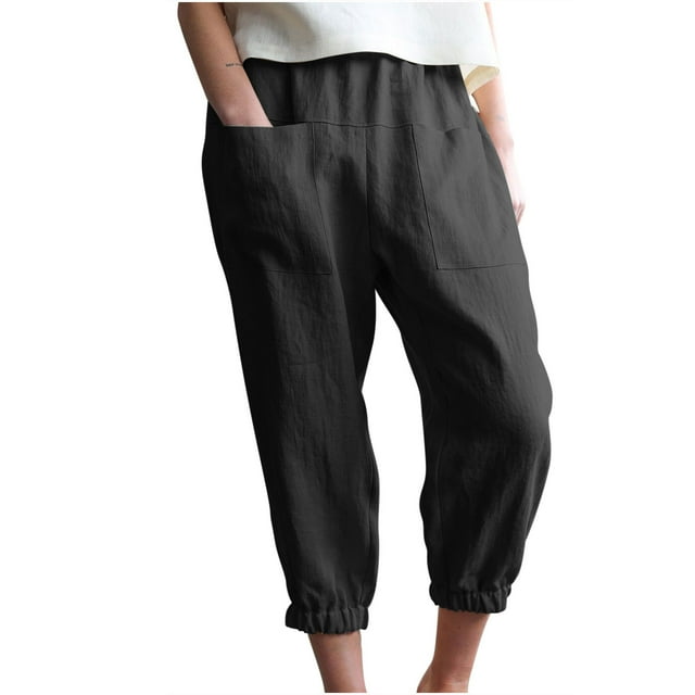 Timegard Womens Capri Pants Pantalon de Détente Ample en Coton et Lin à Taille Élastique, Bas Resserré, avec Poches