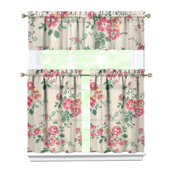 Farmhouse Bloom Curtains 36 Inch Short - 3 Panel Vintage Floral Set with Bohemian Wildflowers, Rod Pocket Window Treatment