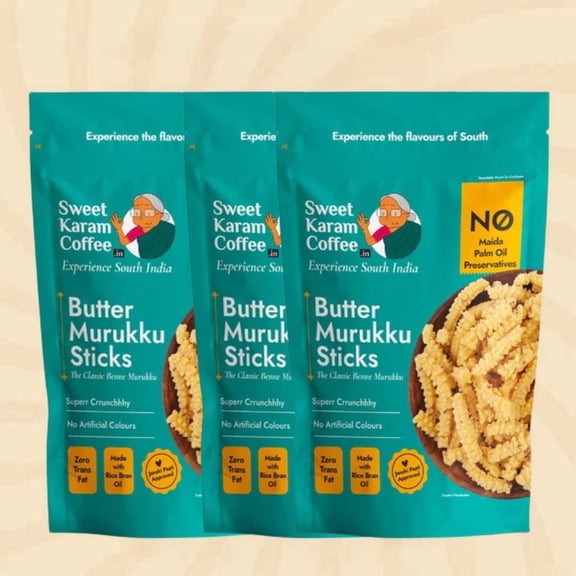 Shastha Foods SKC Golden and Crispy Butter Murukku, Mild Spice Level, Plastic Pouch, 180gm, pack of 3