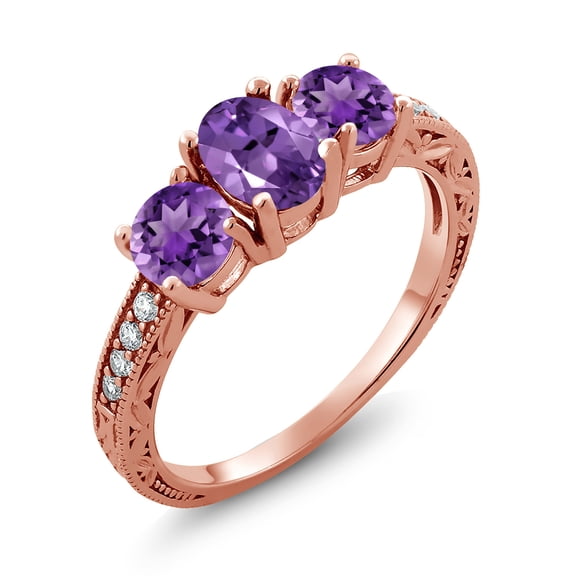 Gem Stone King 1.82 Ct Oval Purple Amethyst 18K Rose Gold Plated Silver Moissanite Ring (Size 5)