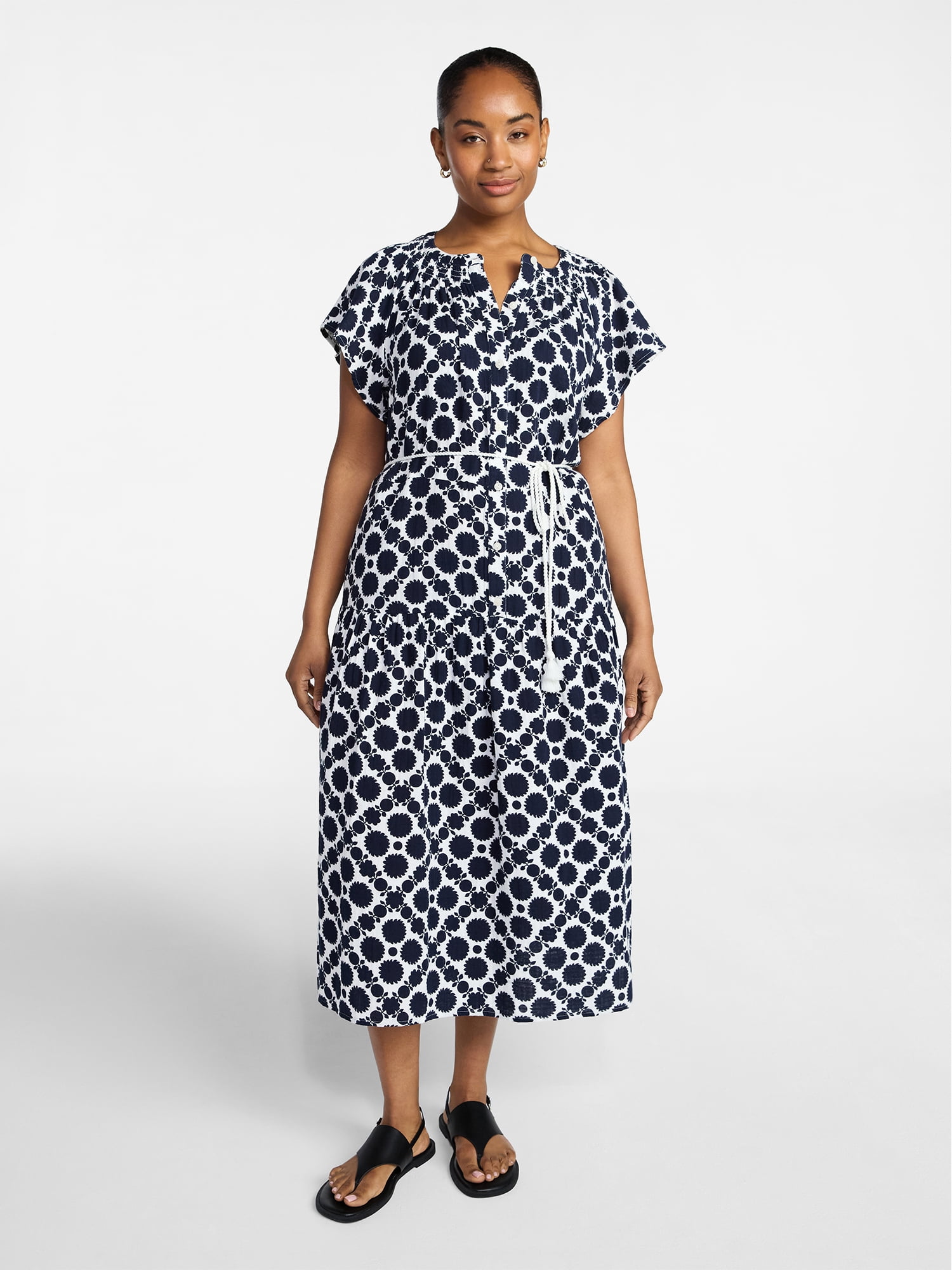 Time and Tru Women's Cotton Double Cloth Midi Dress with Short Flutter Sleeves, Sizes XS-XXXL