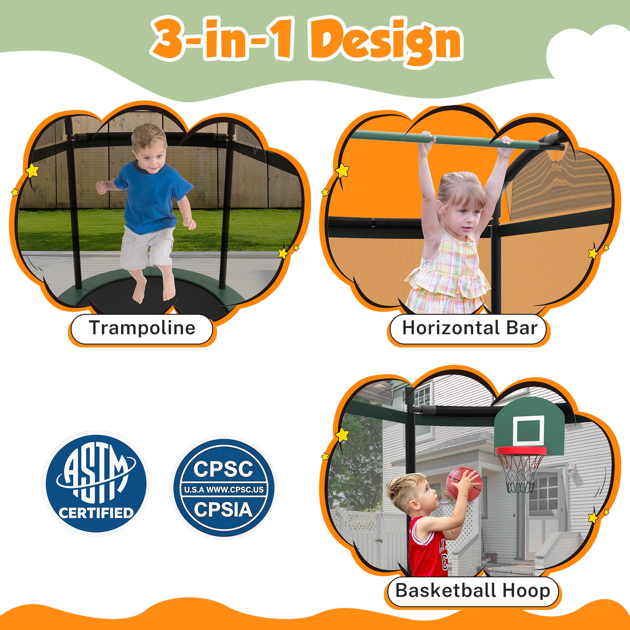 4×6FT Toddler Trampoline for Kids Aged 3+, SHINPT Kids Trampoline with 770lbs Weight Capacity, Mini Trampoline Indoor/Outdoor, Small Trampoline with Adjustable Gymnastics Bar & Basketball Hoop