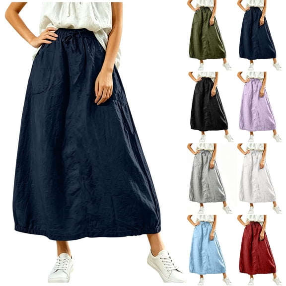 Miluxas Women's Cotton Linen Maxi Skirt Elastic Waist Drawstring A Line Casual Long Skirt with Pockets Loose Flowy Linen Skirt for Summer Daily Wear White