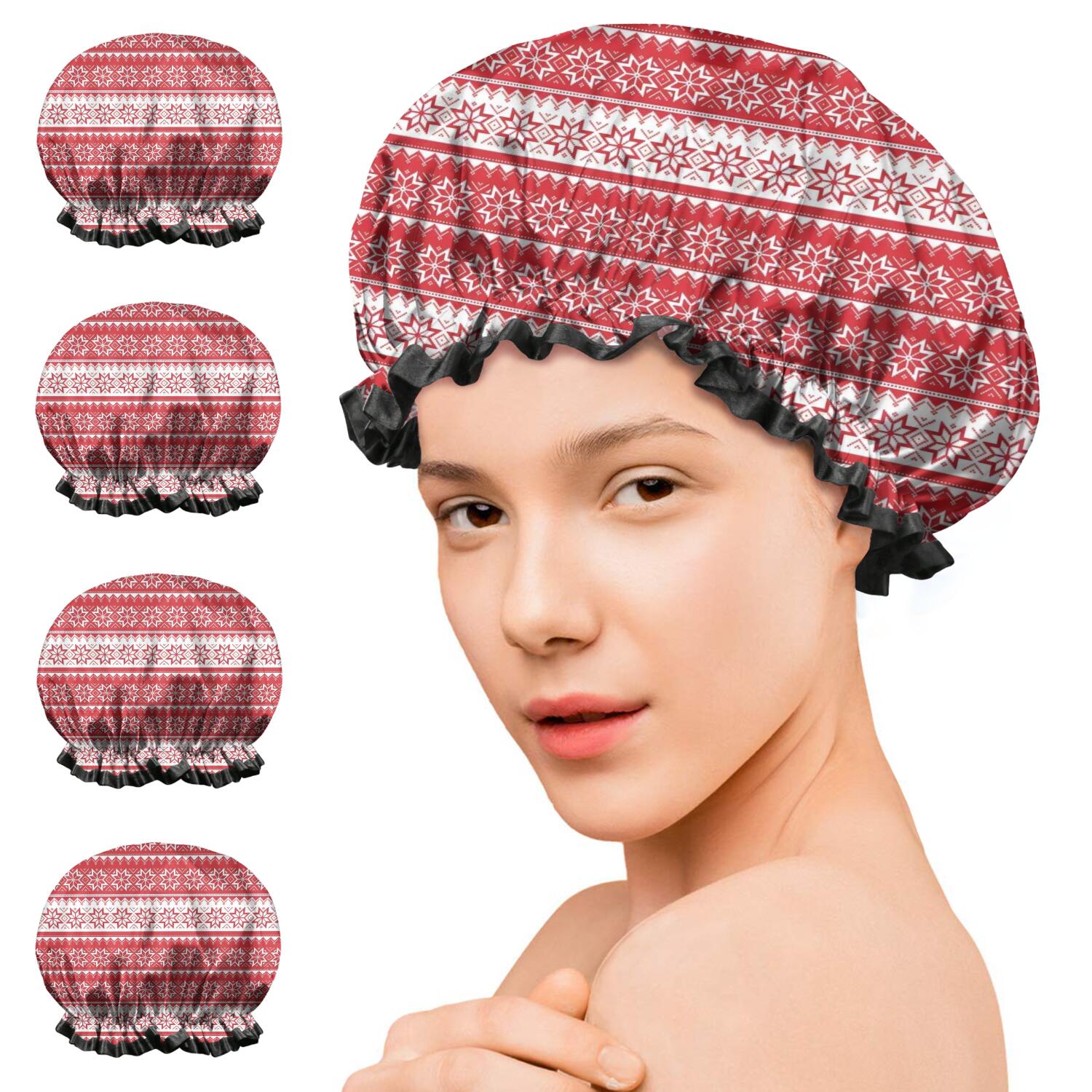 Shower Caps,Red Christmas Geometric Snowflake Pattern Waterproof Shower Cap for Women 4 Pieces,Double Reusable Hair Cover for Shower PEVA Elastic Stretch Hem