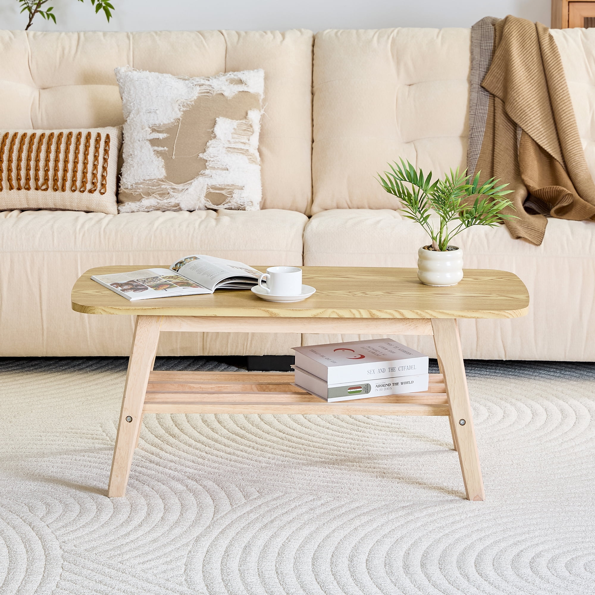 39 Inch Solid Wood Coffee Table, Double-Layer Storage Center Table, Modern Wooden Accent Table for Living Room Apartment Office