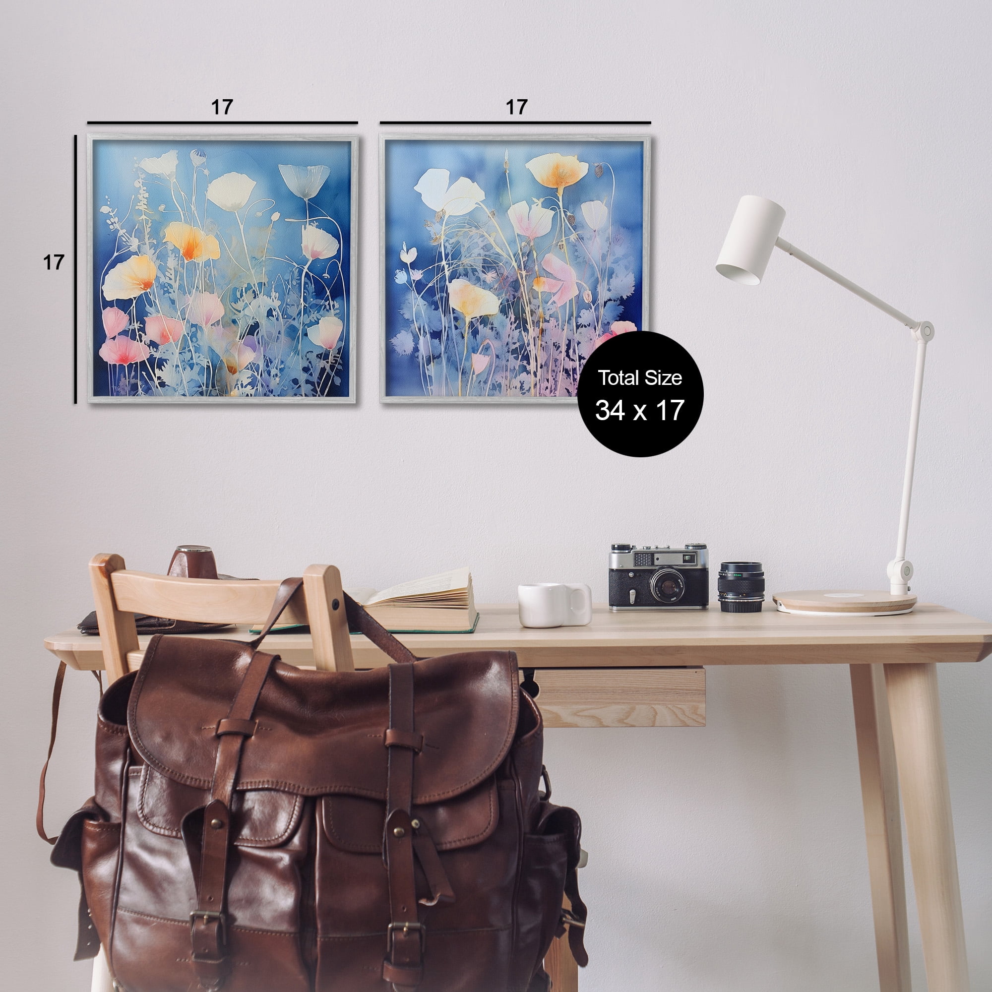 Stupell Industries Abstract Poppies on Blue Botanical & Floral Painting Gray Framed Art Print Wall Art, 17 x 17, Set of 2