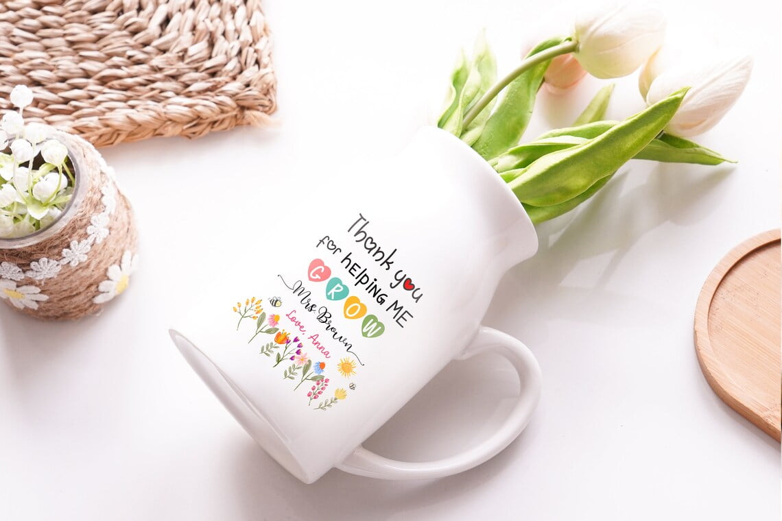 Personalized Teacher Flower Vase, Thank You Teacher Gift, Teacher Appreciation Mug Vase, Wildflower Vase with Custom Name