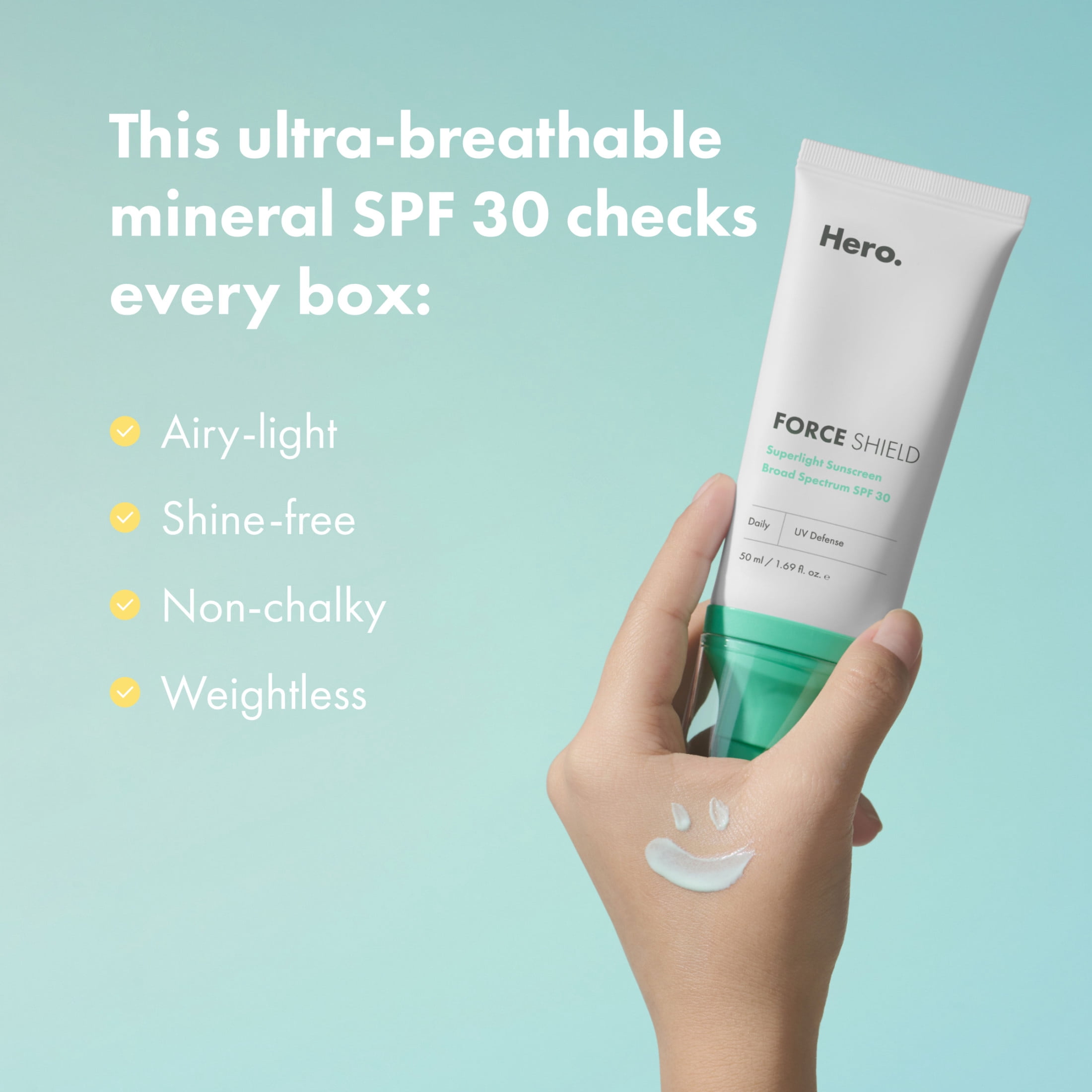 Hero Cosmetics Force Shield Superlight Sunscreen SPF 30, Zinc Oxide Mineral Sunscreen, 50ml