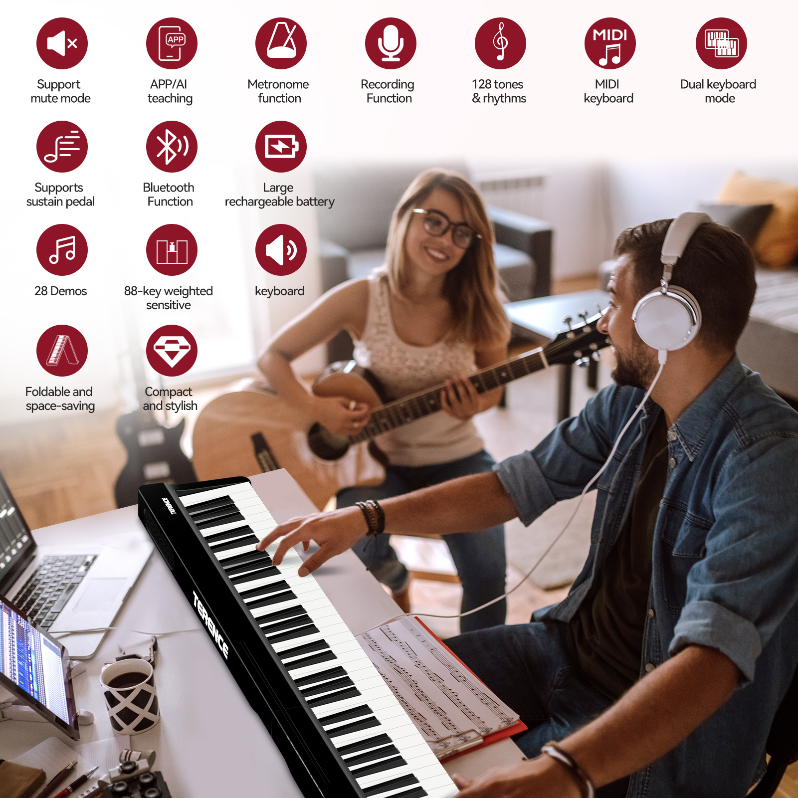 Terence V20 Portable 88-Key Semi-Weighted Piano Keyboard photo 8