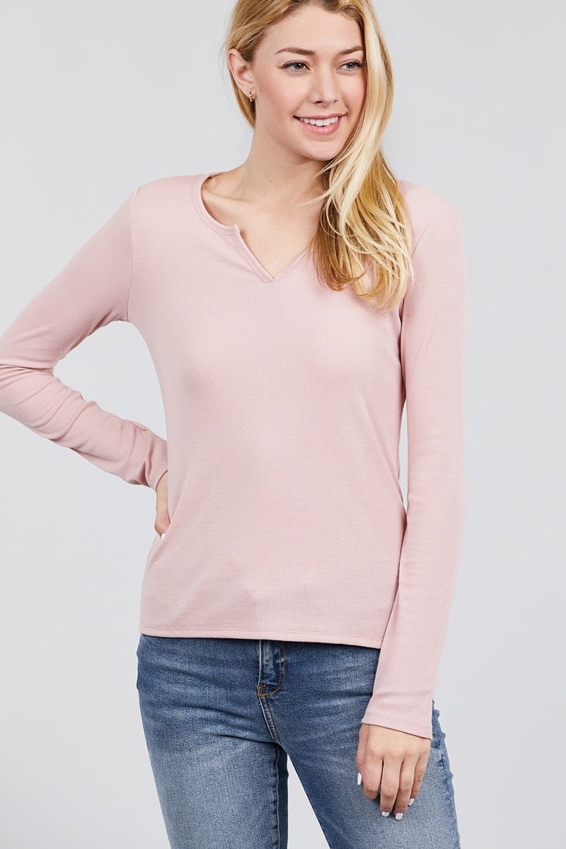 Long Sleeve V Notch Neck Rib Knit Top M