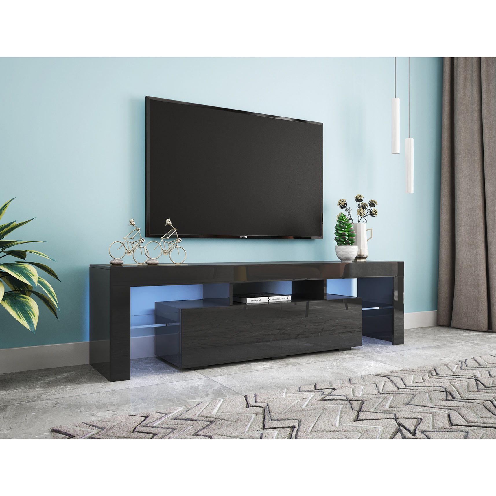 20 - Color LED, Black MDF TV Stand with 66.15lbs Load - Bearing / Remote Lights, Fits 60 - 69" Flat - Screen TVs
