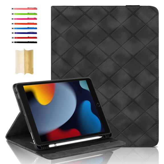 Elastic Band PU Leather Case for iPad Pro 10.5" / Air 3 2019, for iPad 10.2" 2021/2020/2019 with Pencil Holder, Smart Folio Cover Adjustable Stand - Auto Wake/Sleep and Multiple View Angles, Black