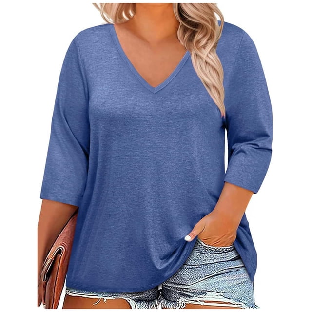 BLVB Womens Plus Size T-Shirts V Neck 3/4 Sleeve Tops Spring Fall Shirts Casual Basic Loose Fit Tunic Tees Clothes