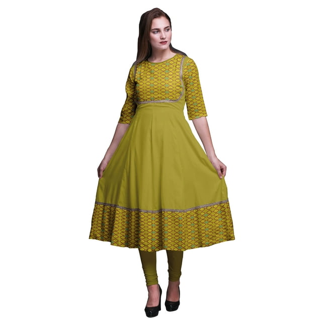 Bimba Yellow2 Robe Anarkali Imprimée Songket Géométrique Longue Robe Maxi Kurtis Indiens pour Femmes Kurti Ethnique Grande