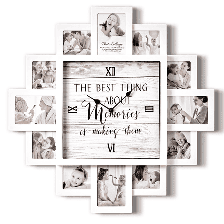 White Picture Frame Family Photo Collage Wall Clock - 12 Slots, Farmhouse Decor for Living Room, Entryway, Kitchen - Memories, 20x20 inch